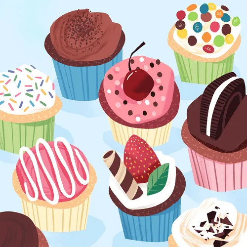 Colorful assorted cupcakes with various frostings and toppings by Drew Bardana