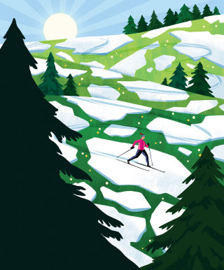 Esquiador em paisagem ensolarada com árvores e neve