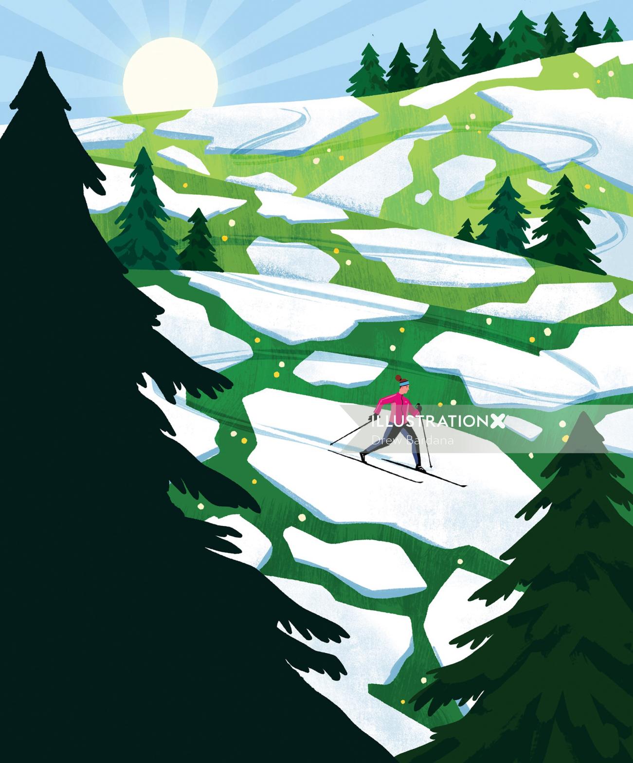 Esquiador en un paisaje soleado con árboles y nieve.