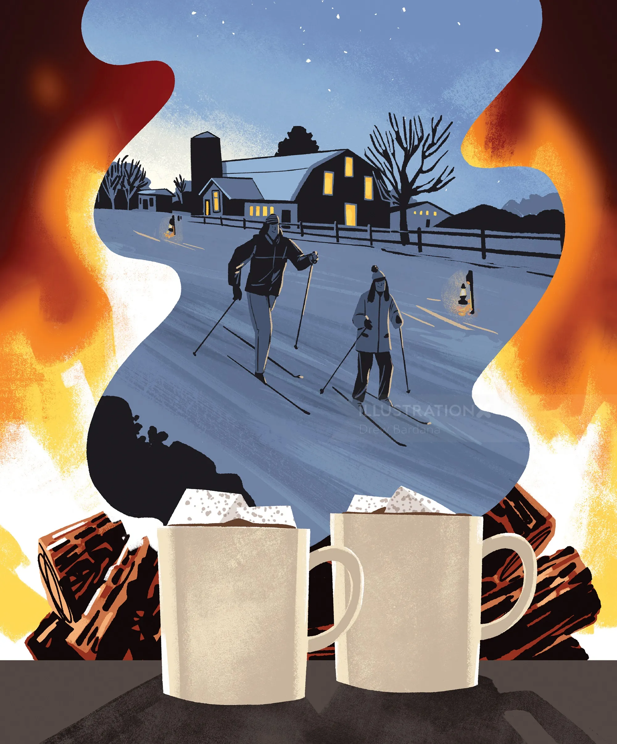 Mother and daughter skiing at night with fire and hot drinks by Drew Bardana