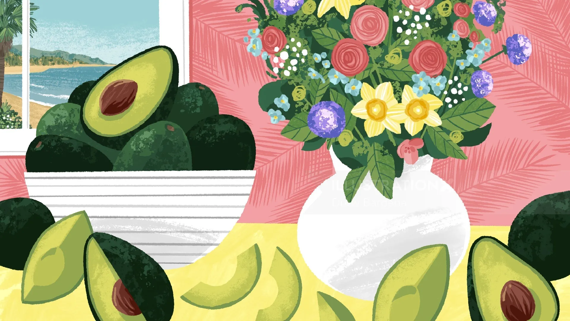 Essen, Blumen, Avocados