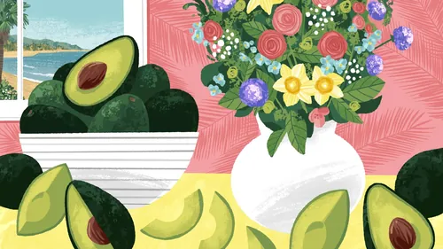 Essen, Blumen, Avocados