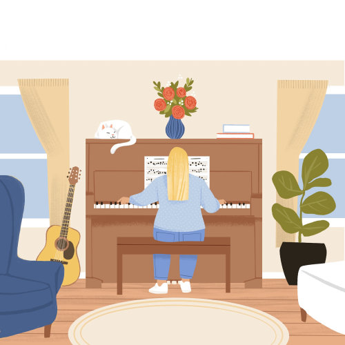 piano, chat, fleurs, intérieur, musique