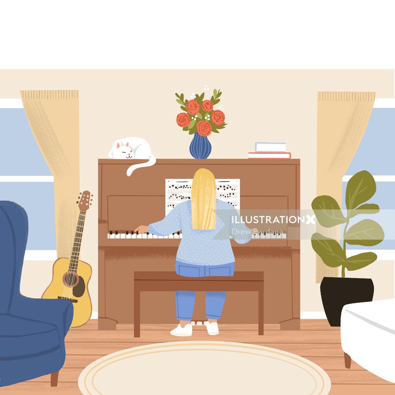 piano, gato, flores, interior, música
