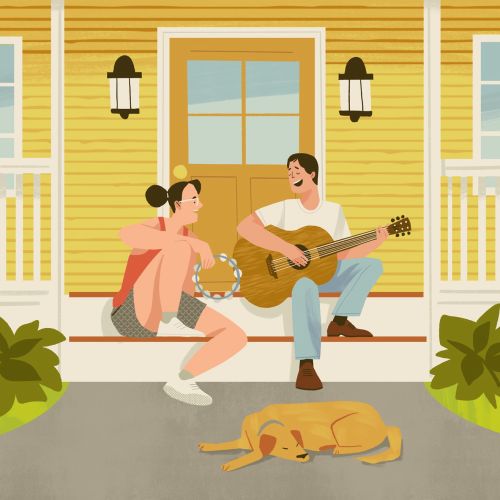 house, couple, people, acoustic guitar, singing