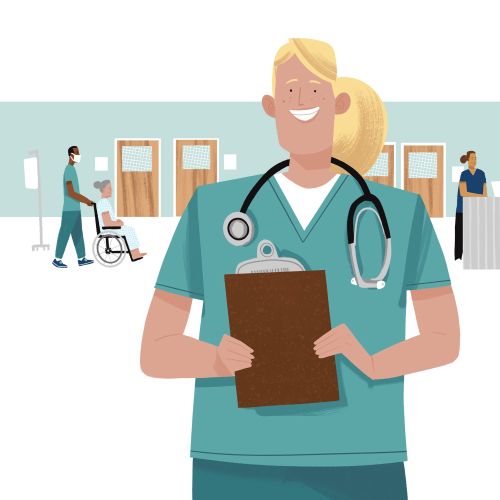 Smiling nurse with clipboard and stethoscope ready to help patients by Drew Bardana