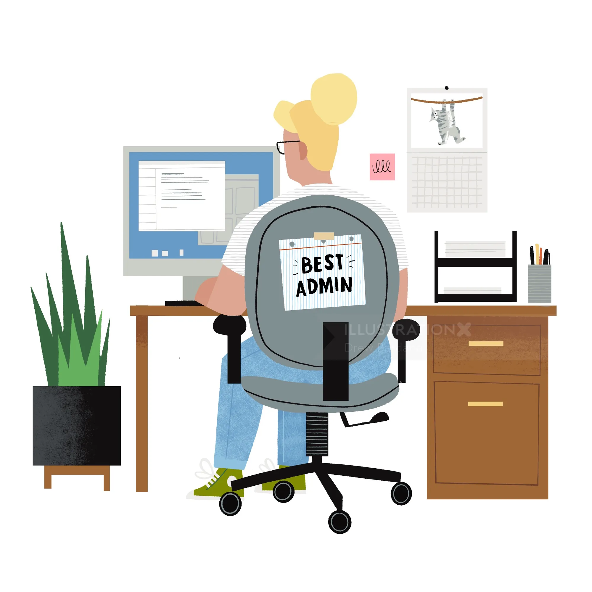 Büroangestellter sitzt an seinem Schreibtisch; auf dem Stuhl liegt das Abzeichen „Bester Administrator“ von Drew Bardana