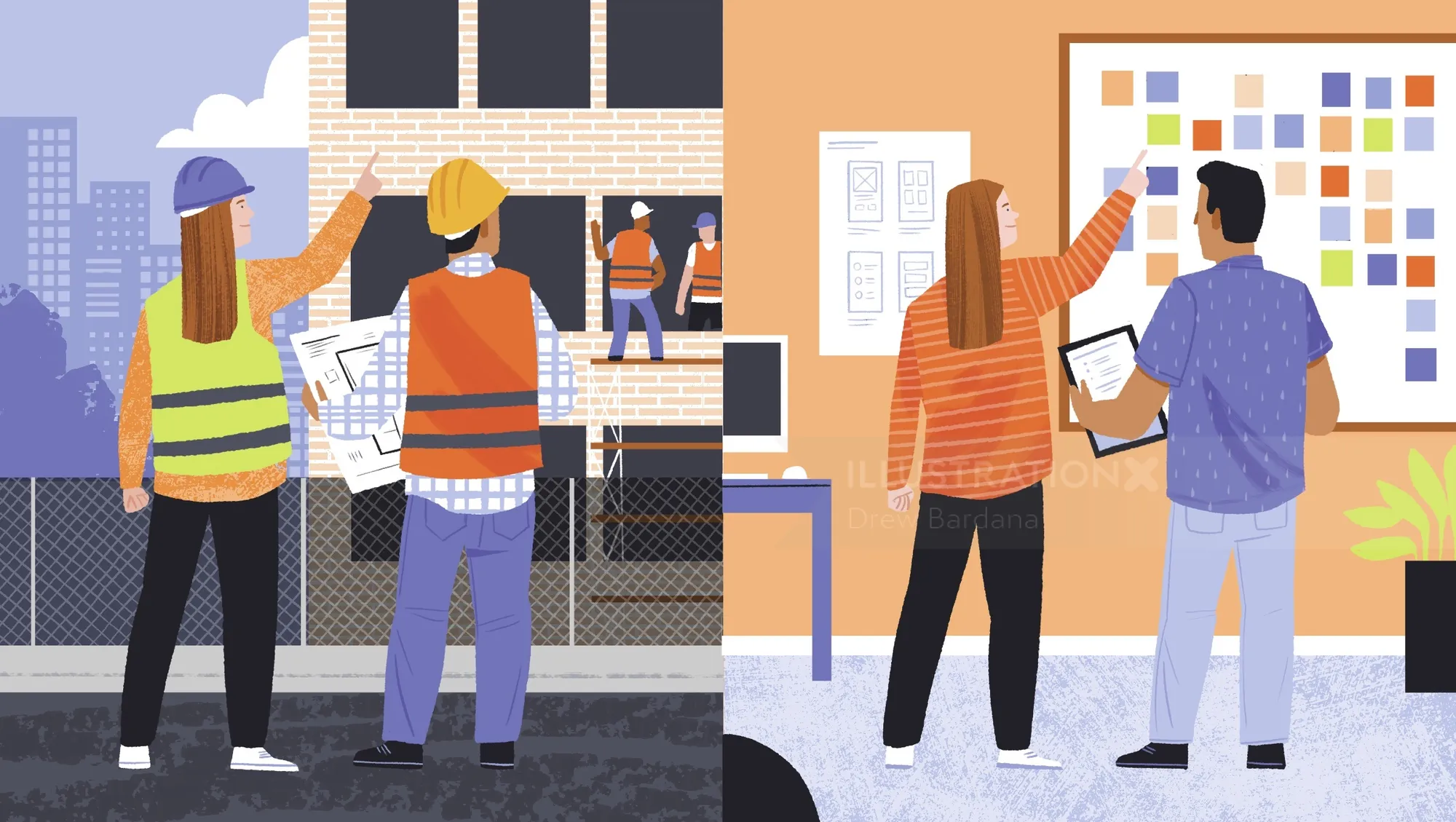 Construction and UX research professionals collaborating, by Drew Bardana
