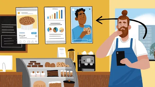 Mann im Café mit Handy, auf dem Instagram-Analytics-Grafik von Drew Bardana zu sehen ist