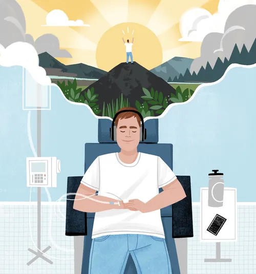 Illustration eines entspannten Patienten, der während einer Ketamintherapie im Stuhl sitzt (Drew Bardana).