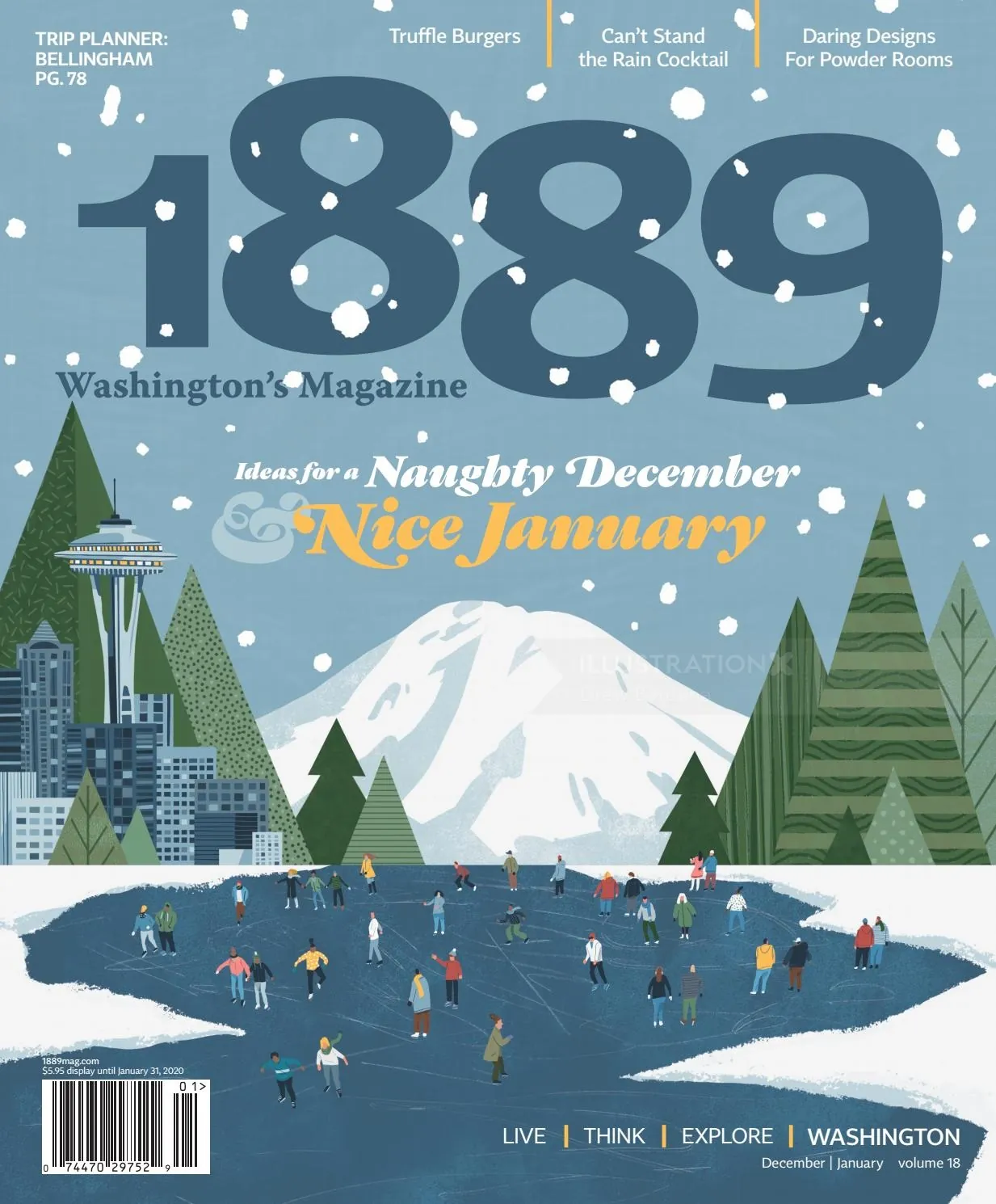 Winter scene of Seattle with people ice skating on frozen lake