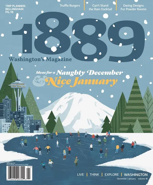 Winter scene of Seattle with people ice skating on frozen lake