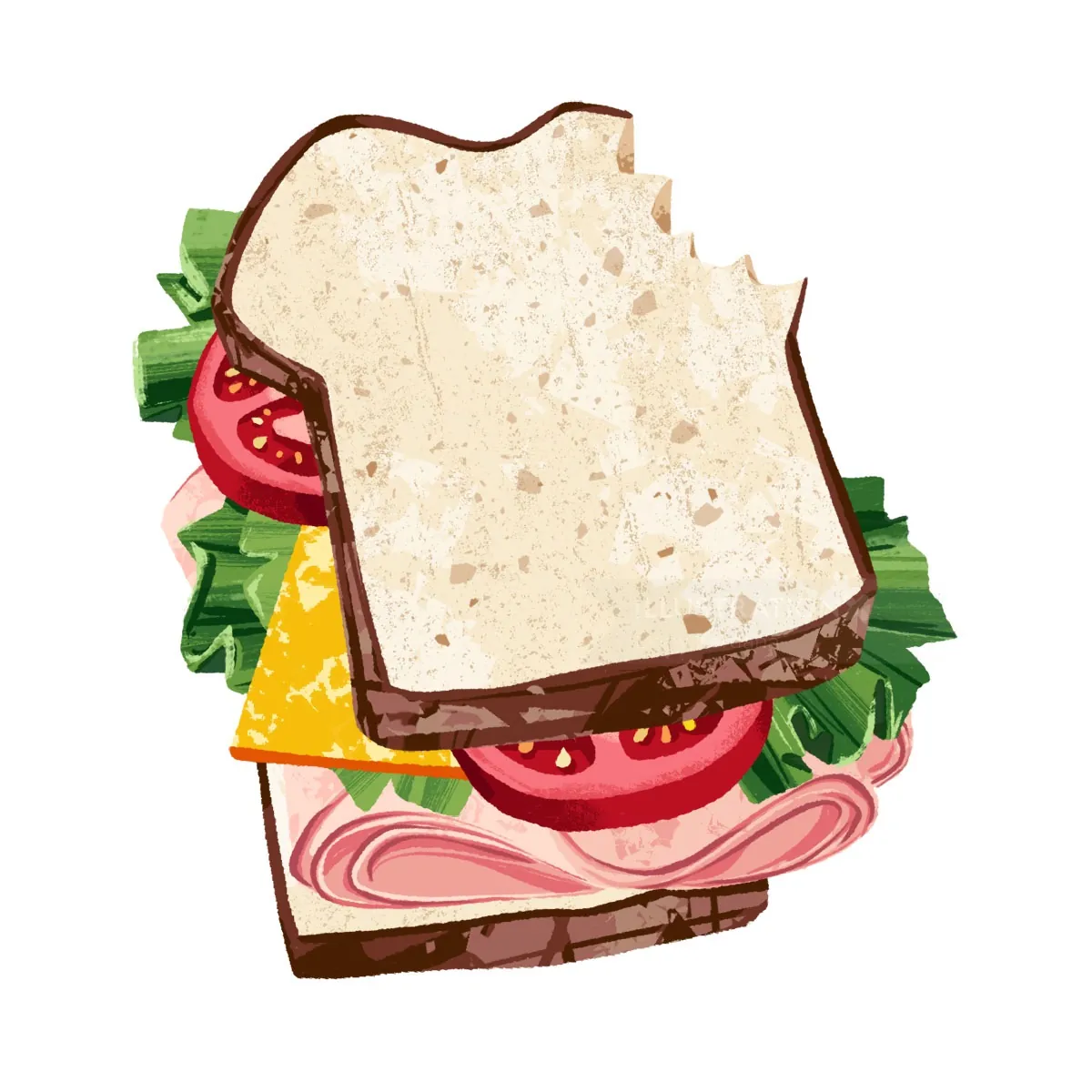 Illustration of a sandwich with a bite missing by Drew Bardana