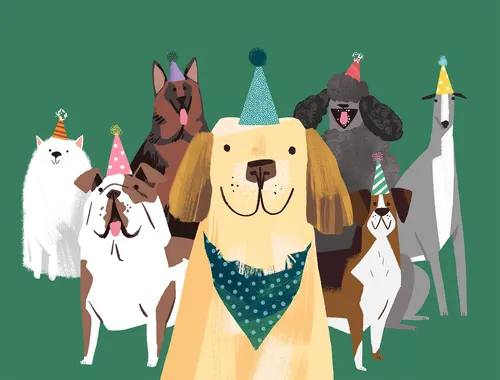 Illustration of dogs wearing colorful party hats by Drew Bardana