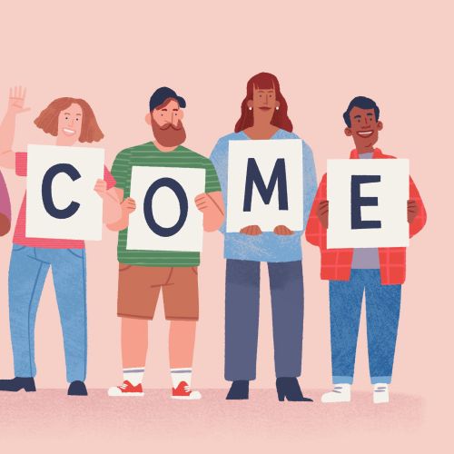Diverse people holding welcome signs by Drew Bardana