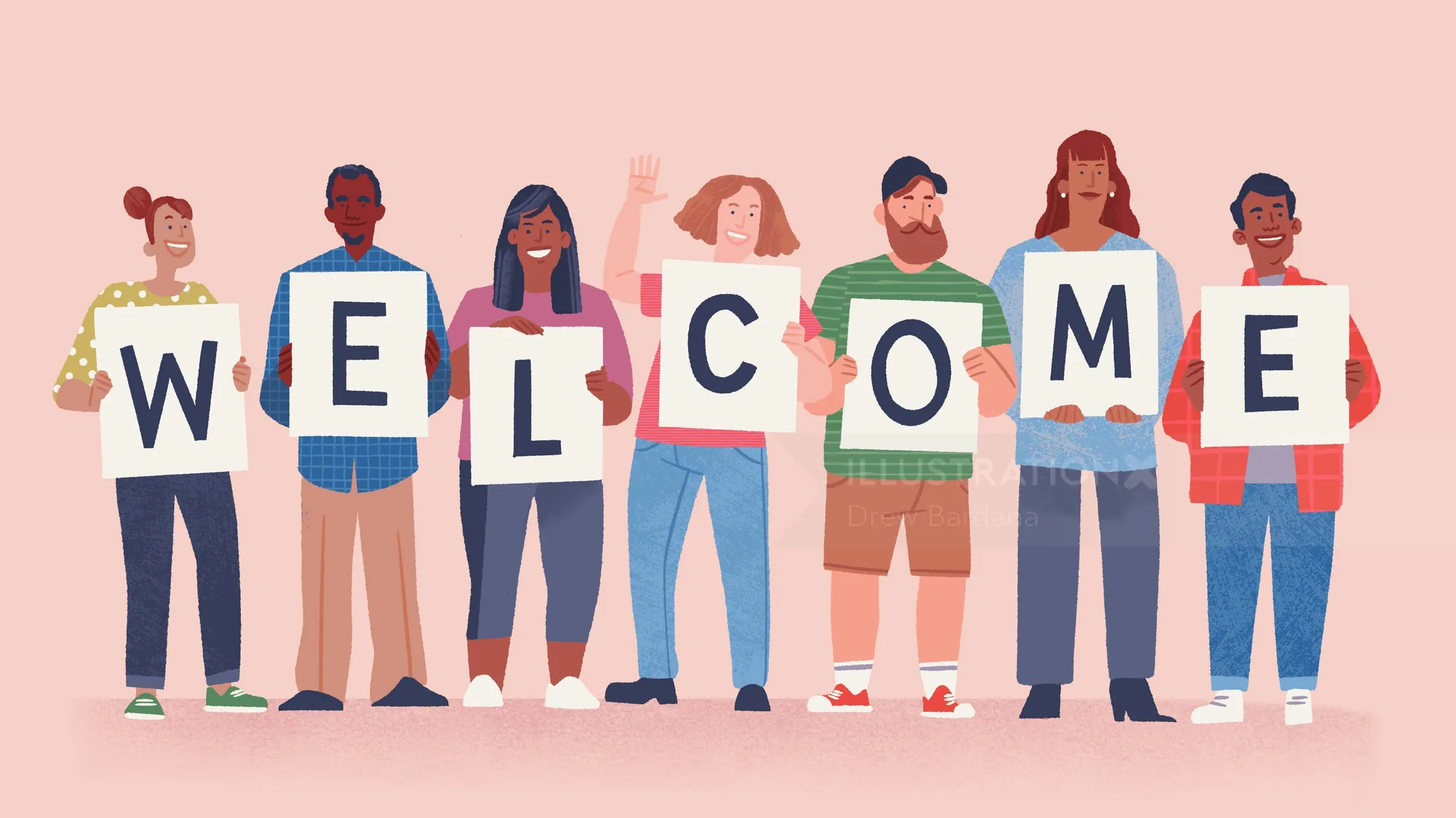 Diverse people holding welcome signs by Drew Bardana