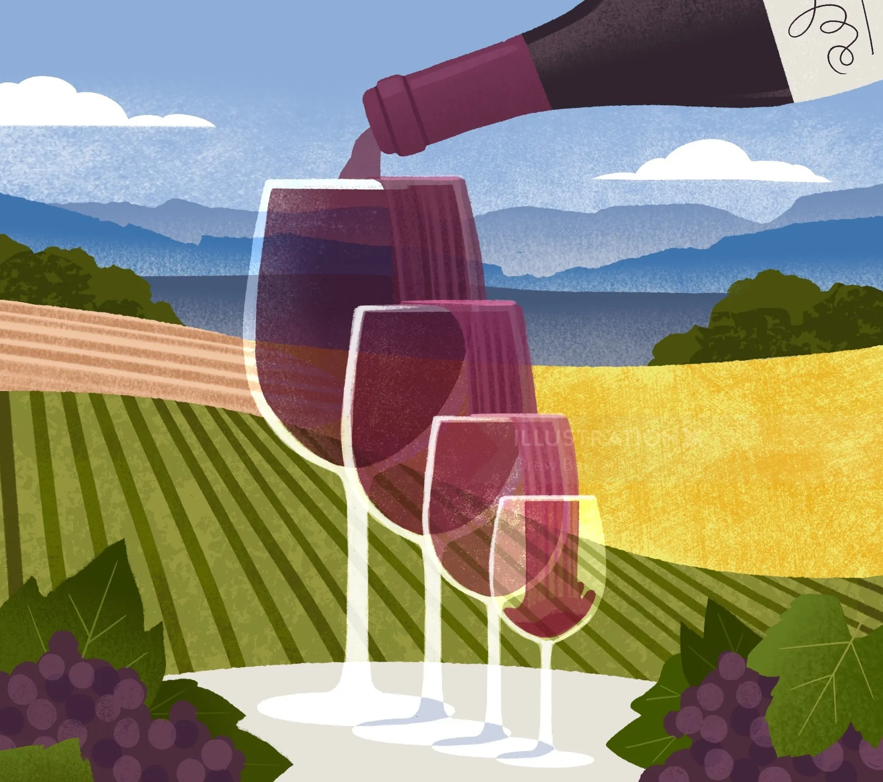 Wein wird in vier Gläser mit Weinbergslandschaft eingeschenkt, von Drew Bardana