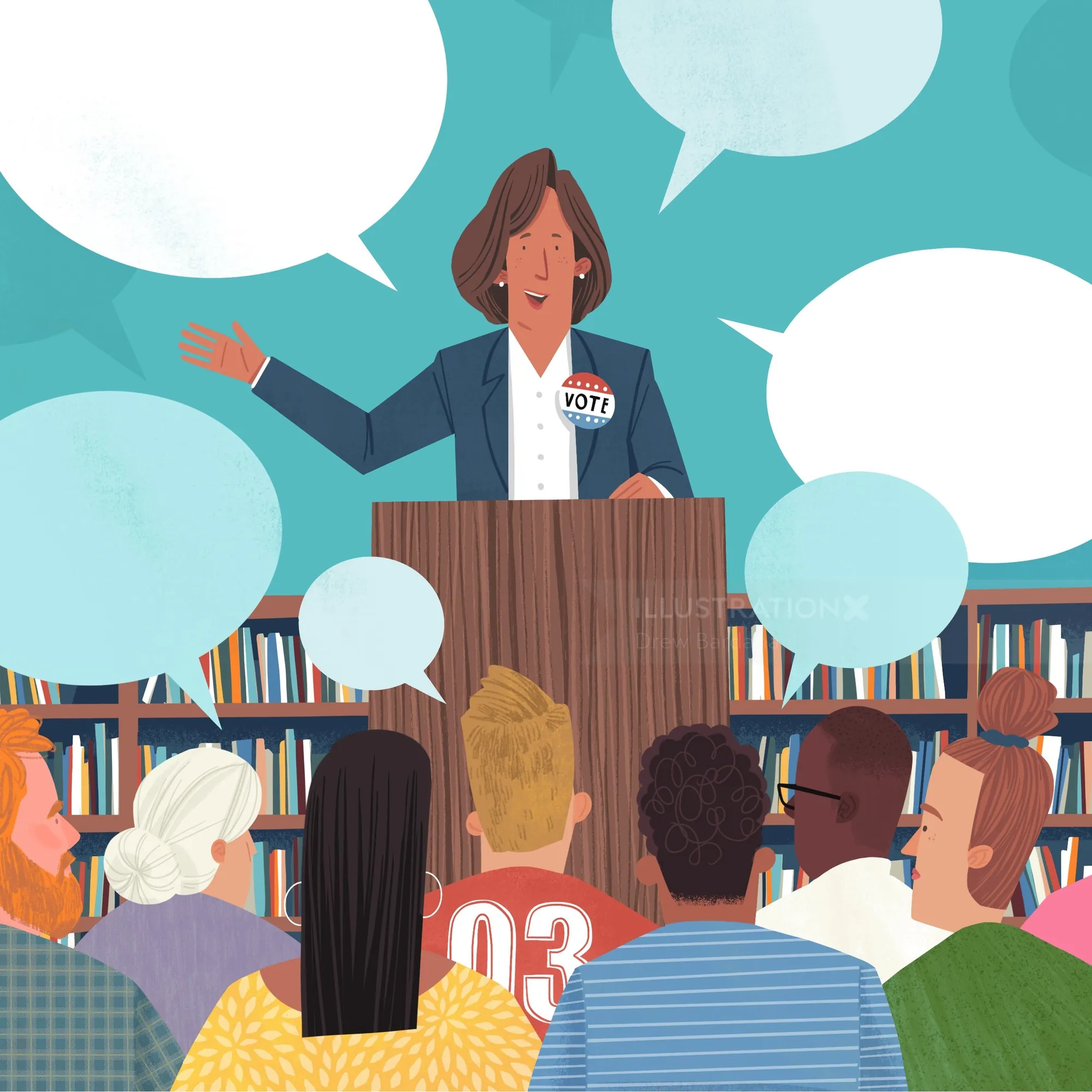 Woman candidate speaking at podium in library to diverse audience