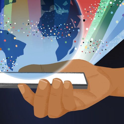Hand holding smartphone with digital globe and connectivity icons