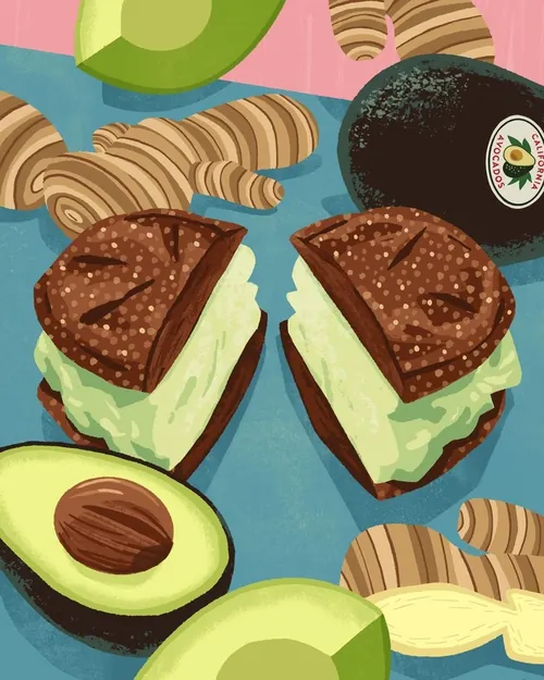 Ginger molasses cookies with avocado ice cream and sliced avocado