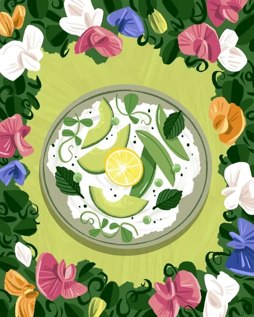 Fresh spring salad with avocado slices and lemon yogurt dressing