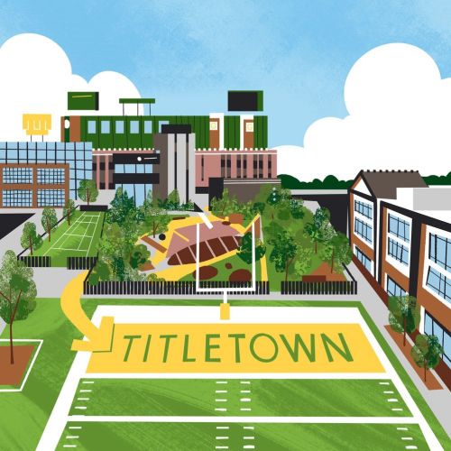 Illustration of Titletown community next to Lambeau Field with buildings and field