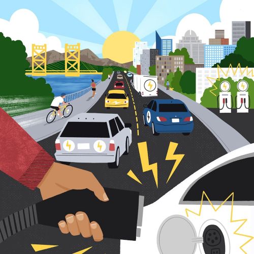 Electric cars charging on a sunny city highway with Sacramento landmarks