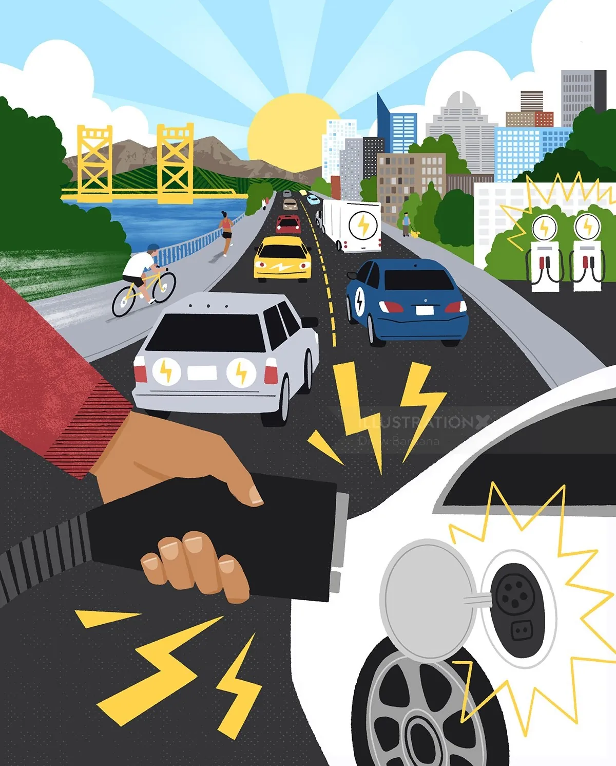Autos eléctricos cargándose en una soleada autopista urbana con lugares emblemáticos de Sacramento