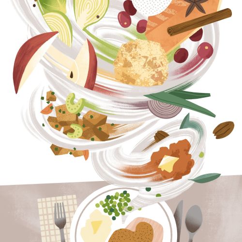 Thanksgiving food ingredients and spices swirling in air