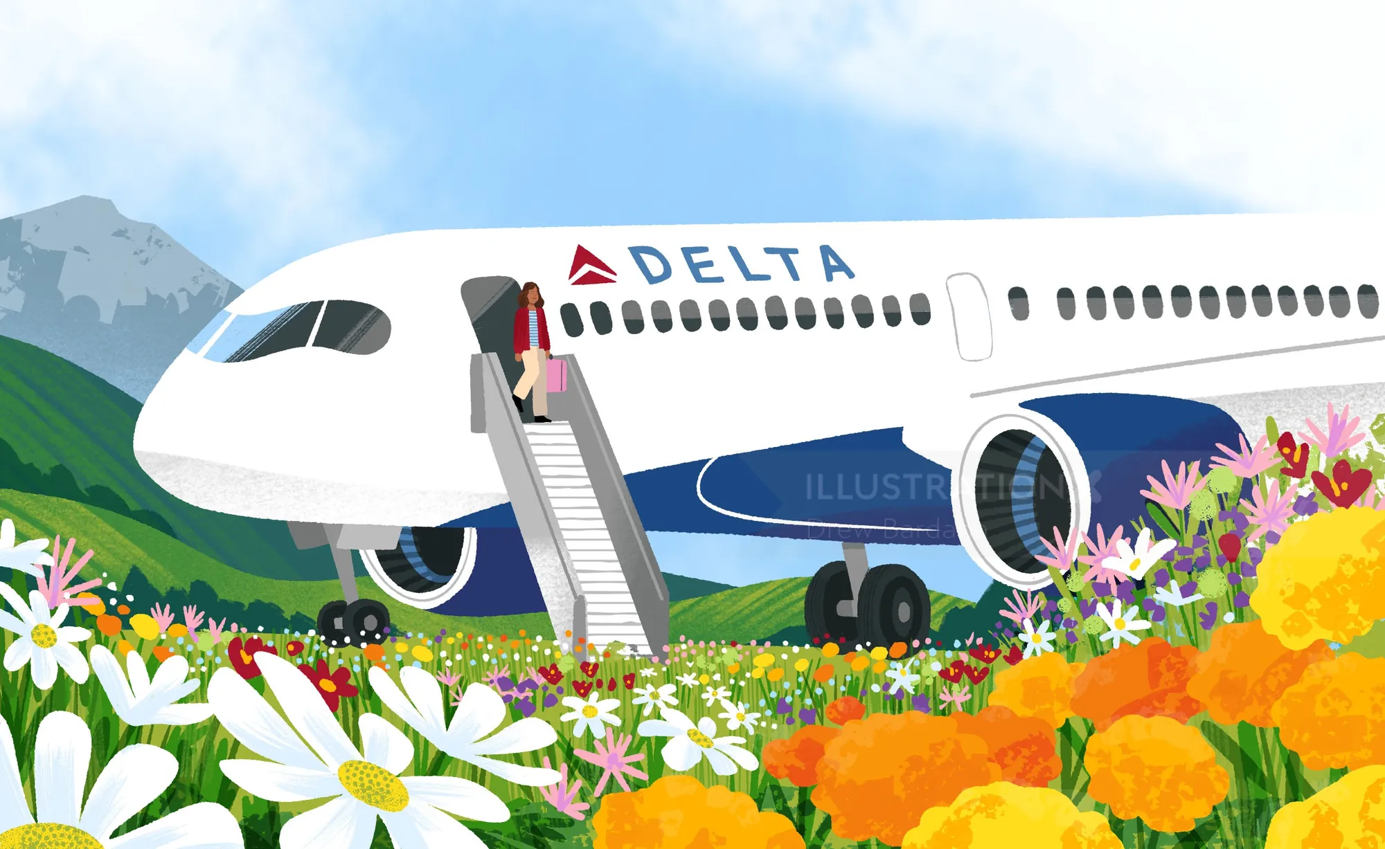 Avión de Delta aterrizando en un colorido campo de flores silvestres de América del Sur