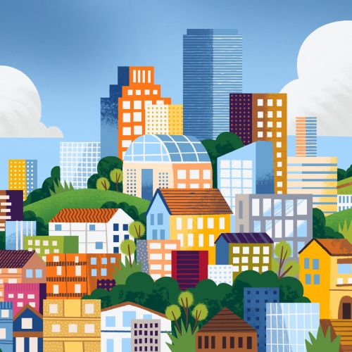 Colorful cityscape with buildings, hills, clouds, and Delta plane flying