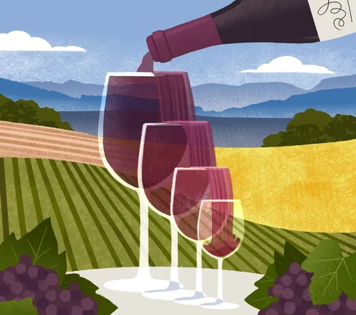 Wine pouring into glasses with vineyard and mountains background