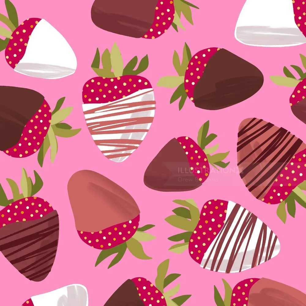 Pattern of chocolate dipped strawberries on pink background