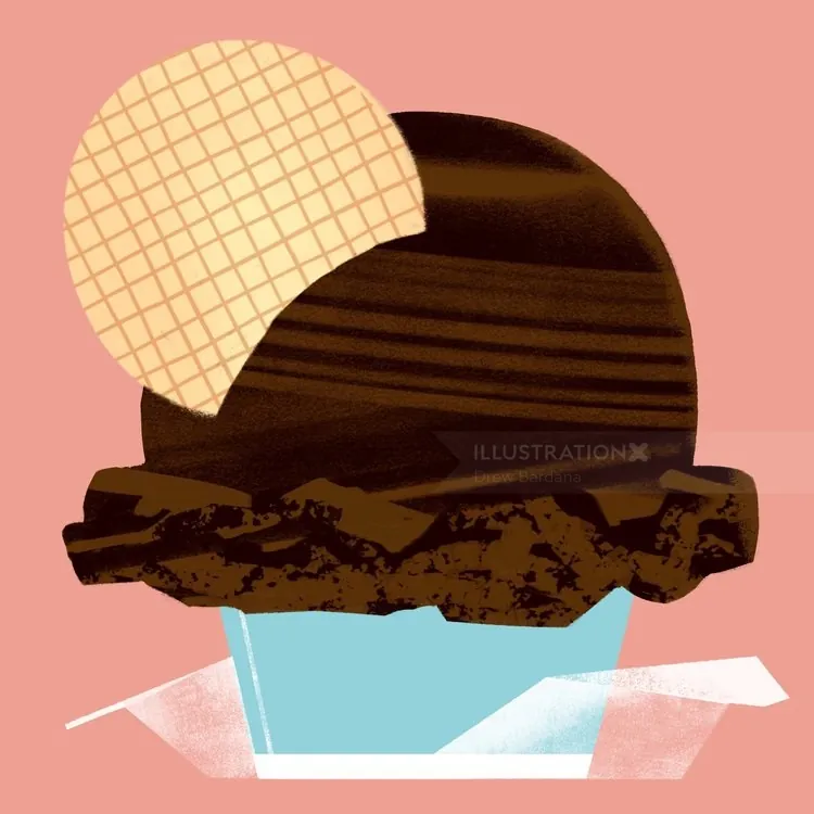 Chocolate gelato scoop with waffle wafer in blue cup on pink background