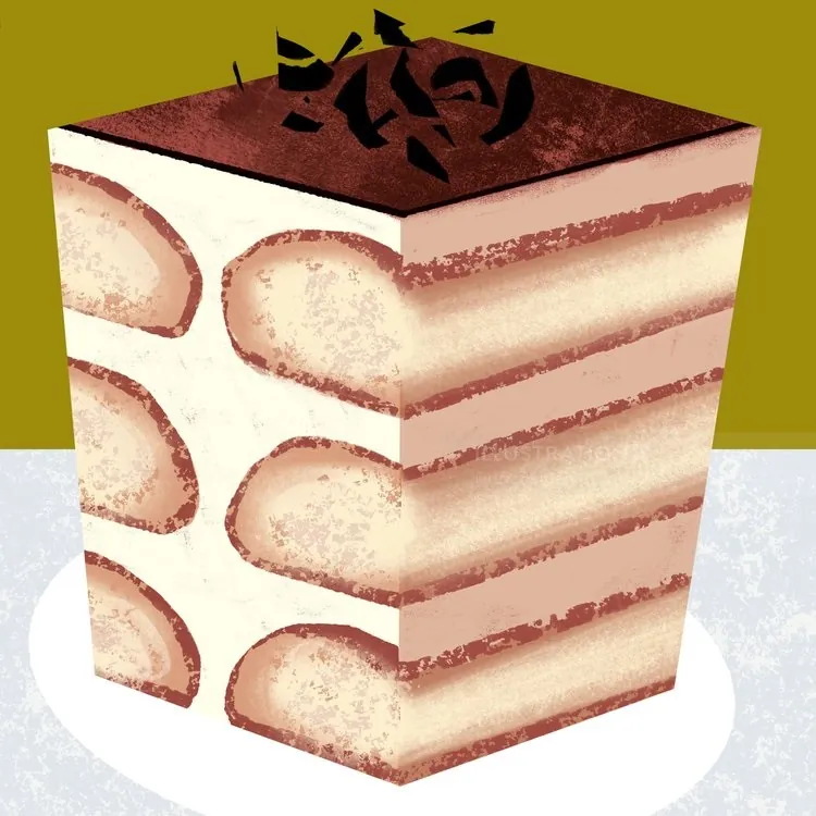 Slice of Italian tiramisu dessert with cocoa powder topping
