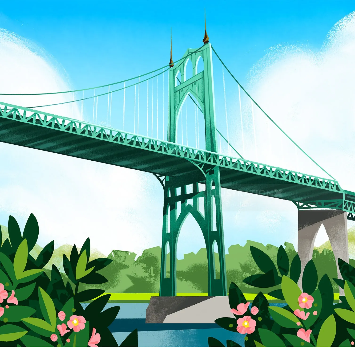 Illustration der St. John's Bridge in Portland mit grünem Laubwerk in der Nähe von Drew Bardana