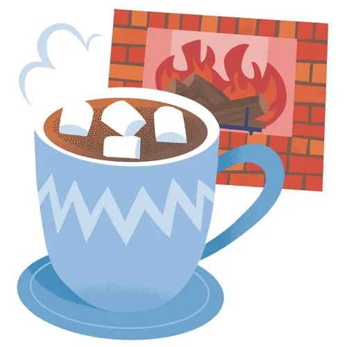 Hot cocoa with marshmallows in blue mug by a roaring fireplace