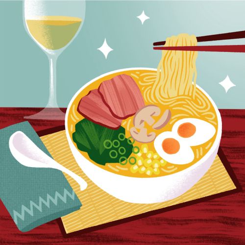 Bowl of ramen with chopsticks, egg, meat, vegetables, and glass of wine