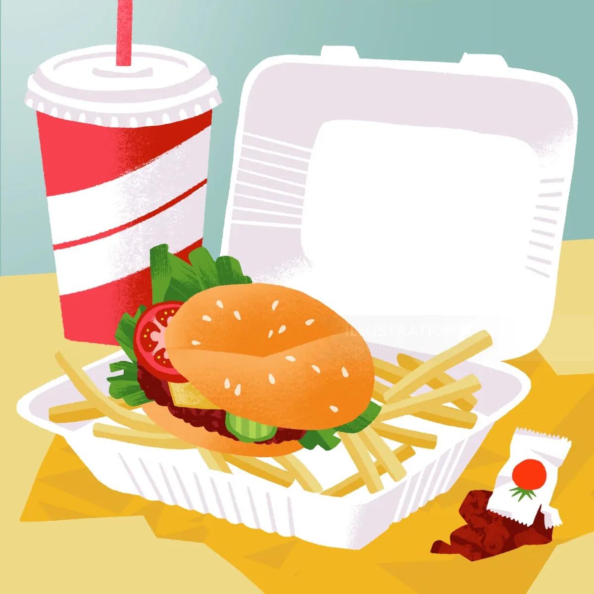 Takeout burger and fries in a clamshell container with a soft drink