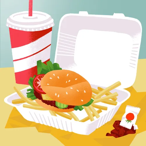 Takeout burger and fries in a clamshell container with a soft drink