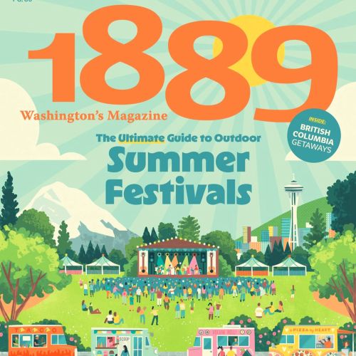 Outdoor summer festival with stage, crowd, food trucks, Seattle skyline