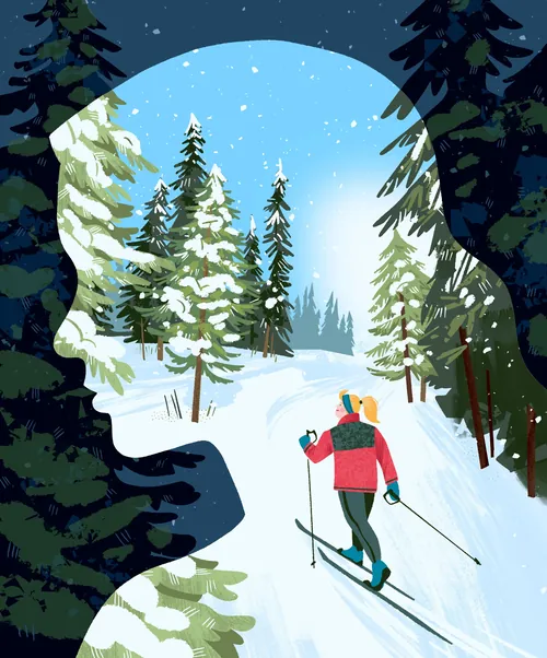 Langläuferin im verschneiten Wald innerhalb der Silhouette einer Frau