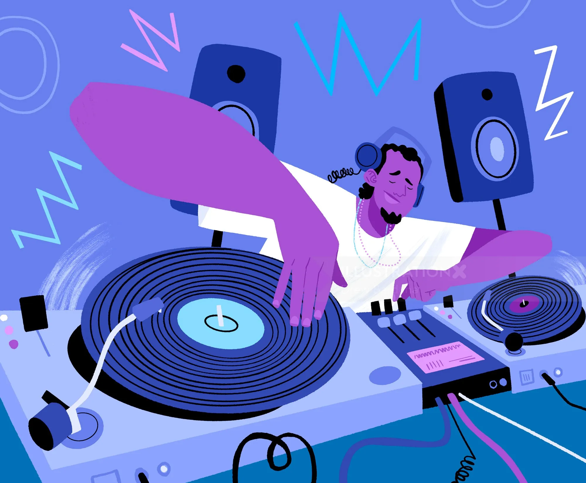 DJ mit Kopfhörern legt Schallplatten auf Plattenspielern mit Lautsprechern auf