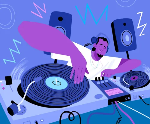 DJ mit Kopfhörern legt Schallplatten auf Plattenspielern mit Lautsprechern auf
