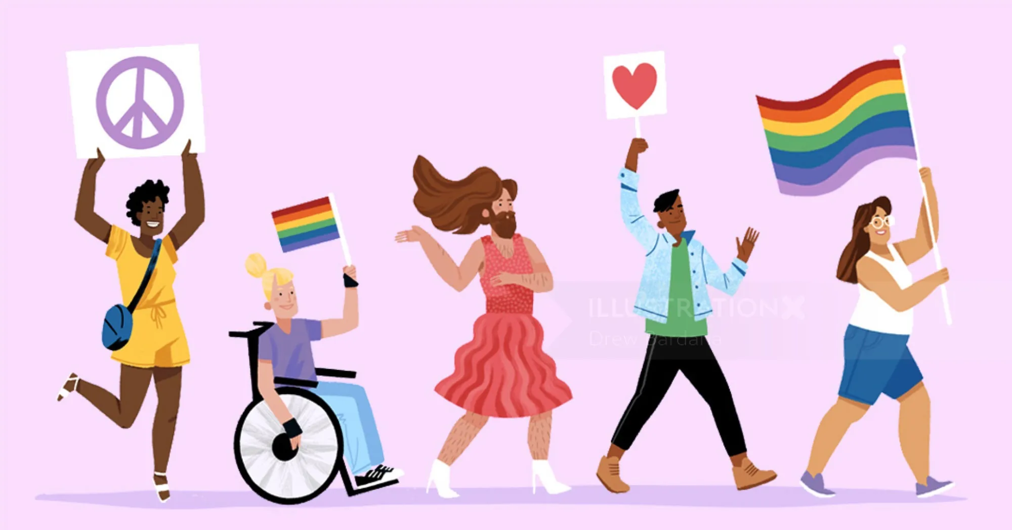 Diverse group marching with LGBTQ+ pride flags and signs