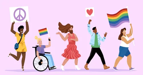 Diverse group marching with LGBTQ+ pride flags and signs