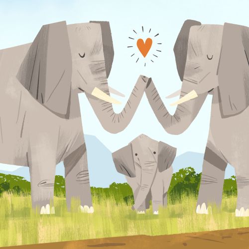 Elephant parents touching trunks over baby elephant in grassland