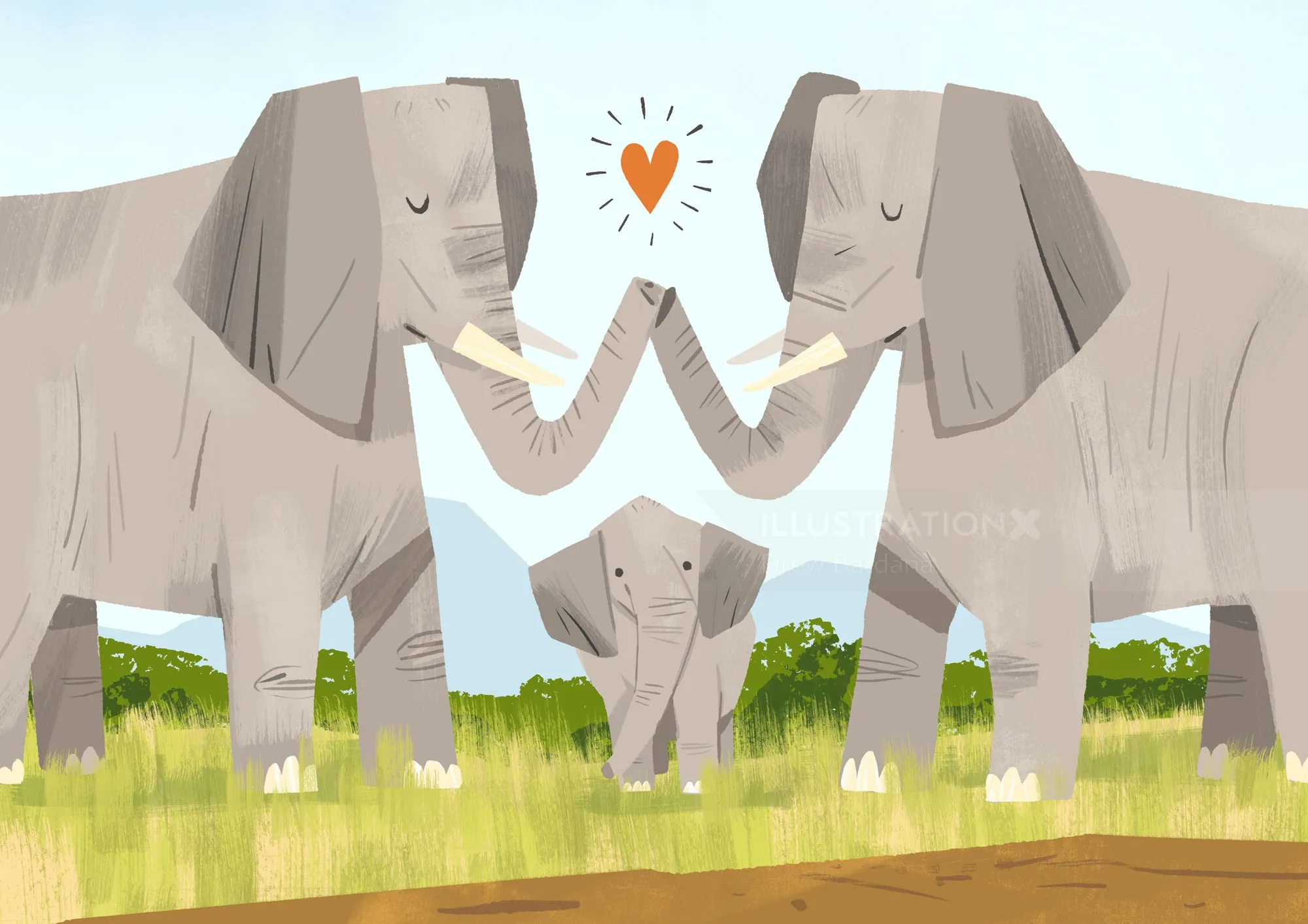 Elephant parents touching trunks over baby elephant in grassland