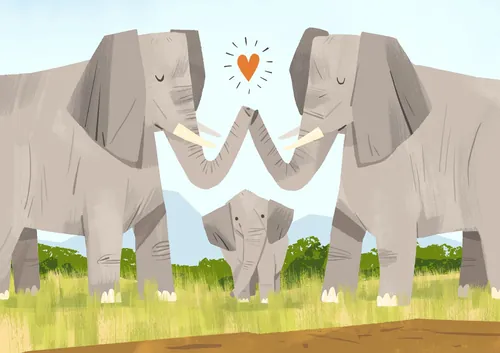 Elephant parents touching trunks over baby elephant in grassland