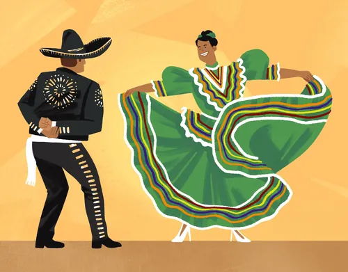 Mann und Frau führen traditionellen mexikanischen Folklorico-Tanz auf